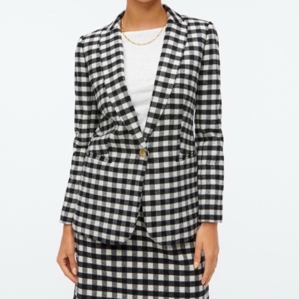 J. Crew Black Ivory Buffalo Check Wool One Button Blazer -‎ 8